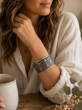 Vintage Silver Plated Wide Floral Engraved Cuff Bangle Statement Bracelet